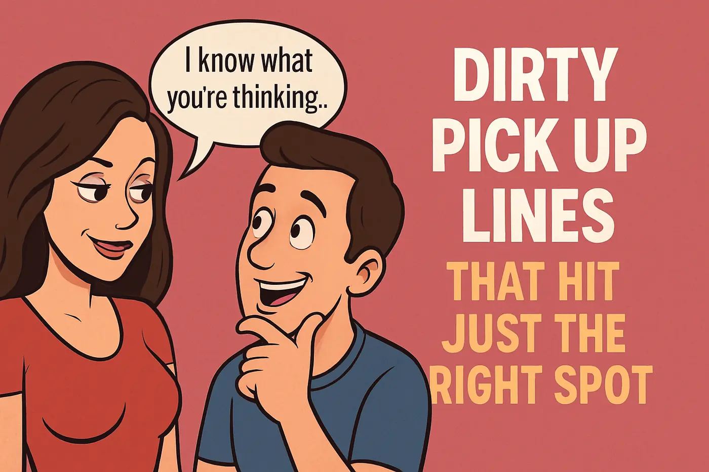 Cartoon couple exchanging cheeky flirtation with bold text Dirty Pick Up Lines That Hit Just the Right Spot