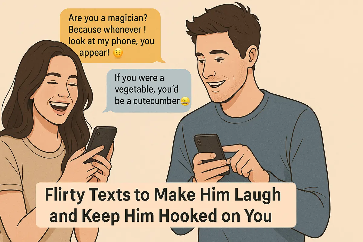 Smiling couple exchanging flirty texts on phones with playful messages.