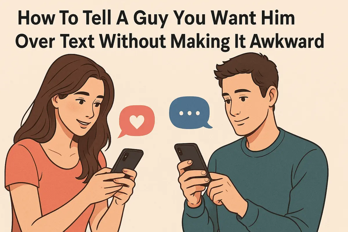 Cartoon couple texting with love and message icons, showing how to tell a guy you want him without awkwardness