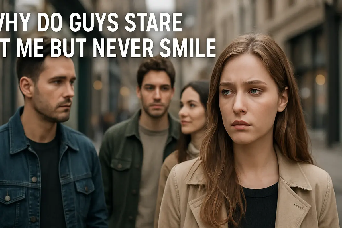 Young woman looks confused as men stare at her without smiling on a city street