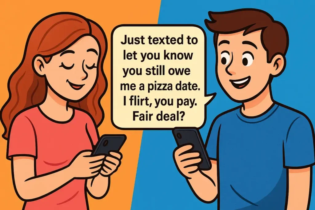 Just texted to let you know you still owe me a pizza date. I flirt, you pay. flirty things to say to your boyfriend.