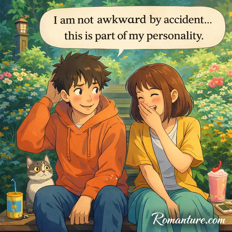 Awkwardness in pesonality. cheesy pick up lines funny.