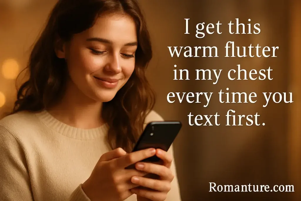 I get this warm flutter in my chest every time you text first. Cheeky dirty pick up lines for fun chats.