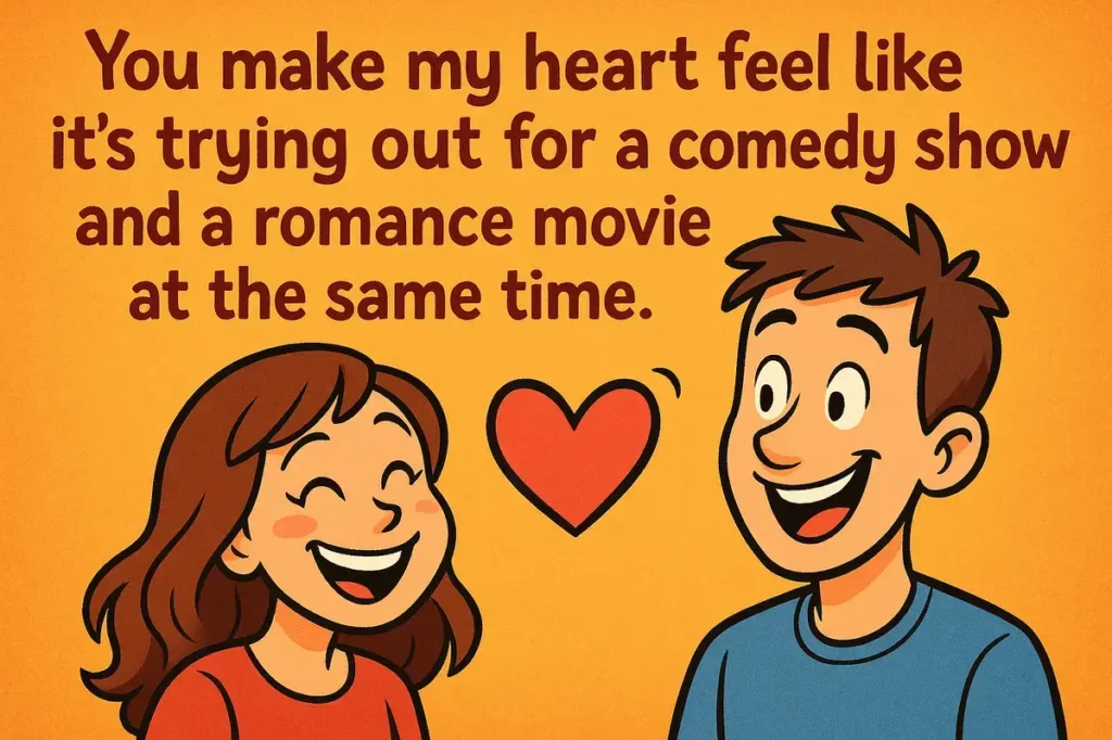 You make my heart feel like it’s trying out for a comedy show and a romance movie at the same time. Hilarious Text Ideas To Make Him Grin.