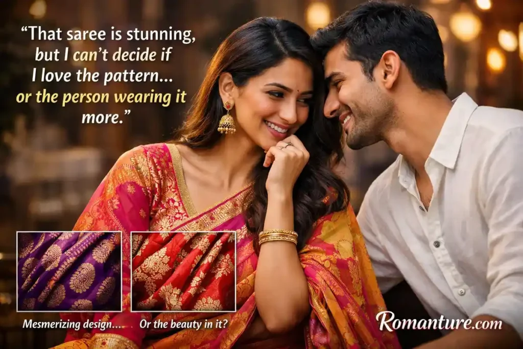 Saree patterns inspire playful compliments. Indian lines.