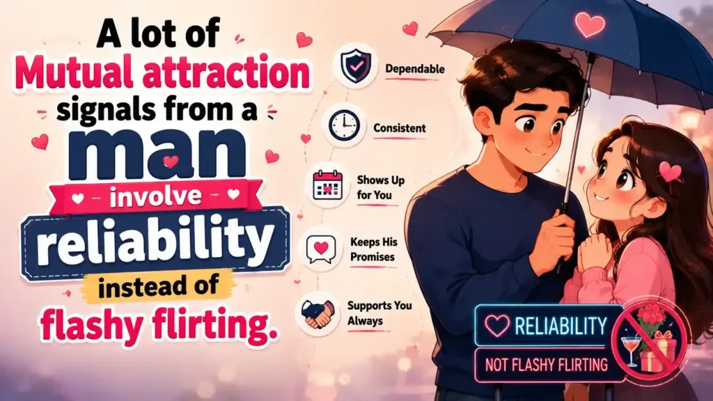 A lot of Mutual attraction signals from a man involve reliability instead of flashy flirting.