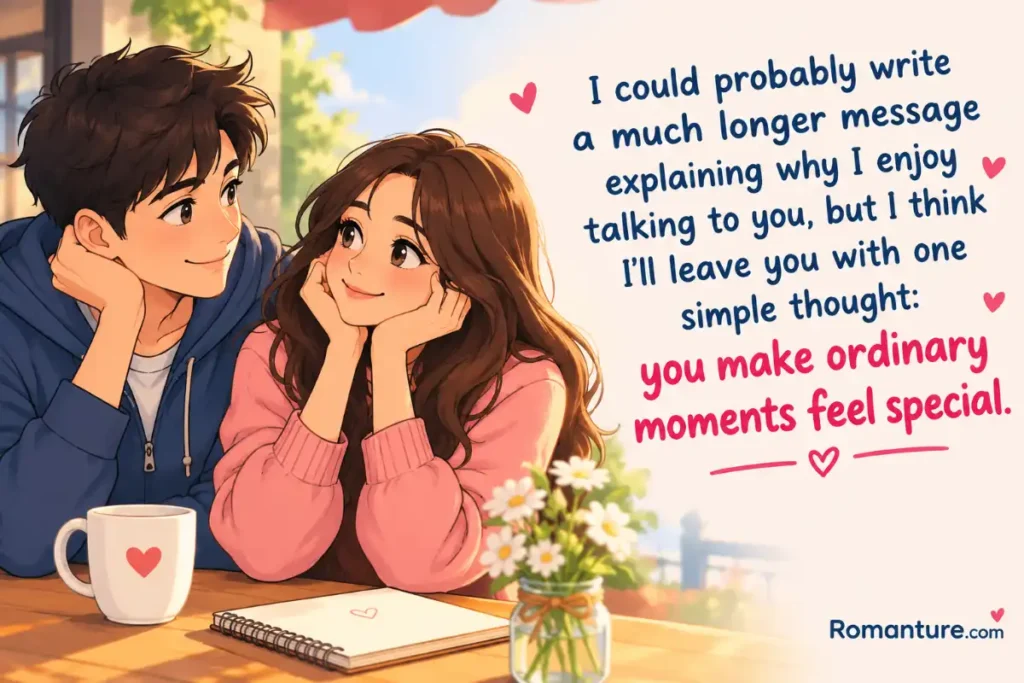 I could probably write a much longer message explaining why I enjoy talking to you, but I think I’ll leave you with one simple thought you make ordinary moments feel special.